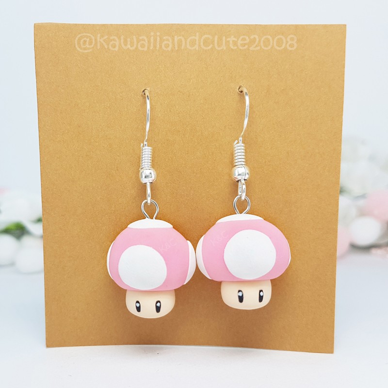 Blue & Pink Mushrooms Handmade Dangle Earrings